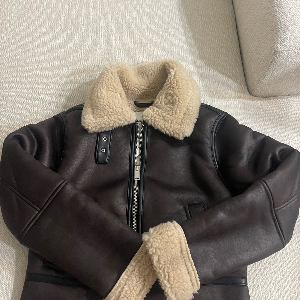 Abercrombie & Fitch Dark Brown Leather Jacket with Cream Shearling